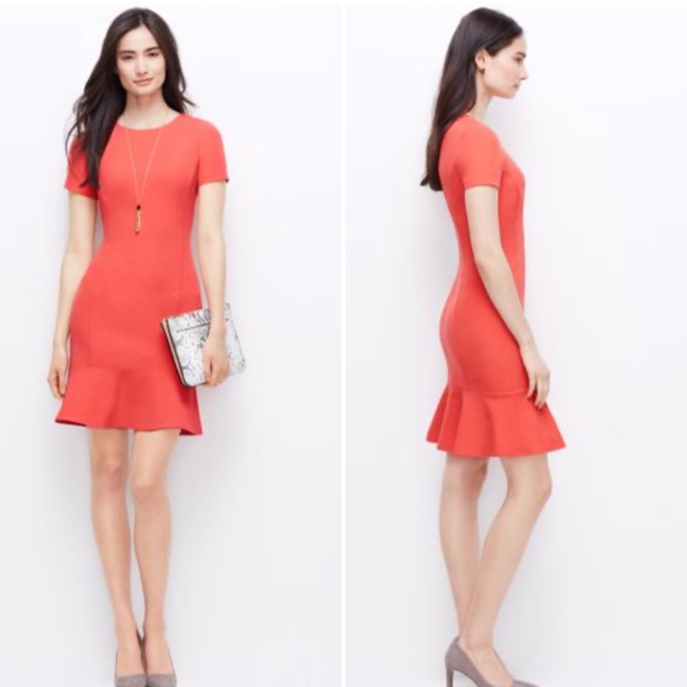 Ann Taylor flouncy mermaid fitted chic dress pink coral Sz 8